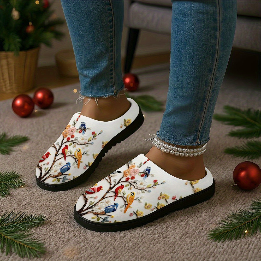 TEMU 1pair, Winter New Thick Plush Slippers - Unisex, Embroidered Birds On Tree, Indoor And Outdoor Home Slippers, Warm Plush Shoes, Holiday Gifts,