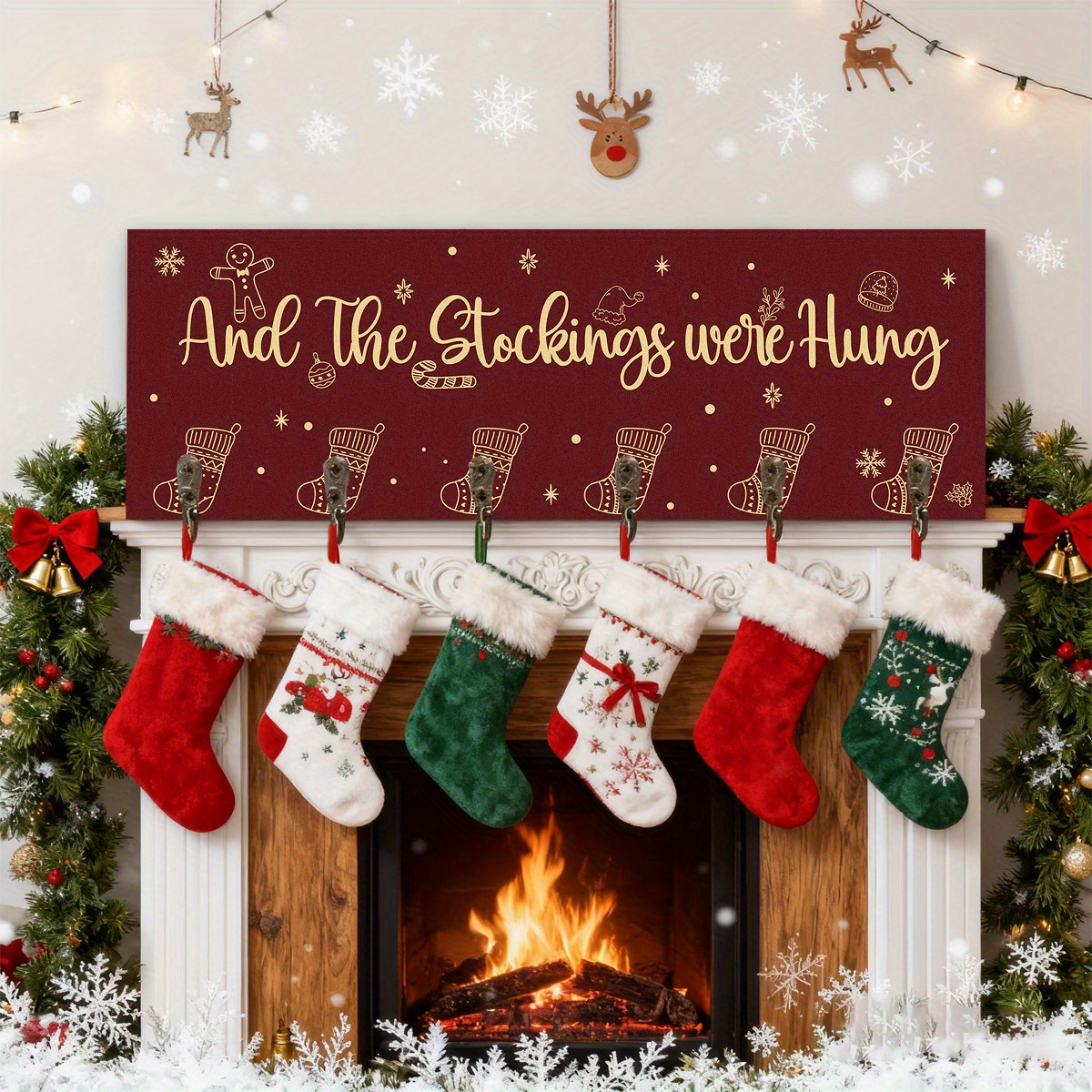 TEMU Classic Rustic Wooden Christmas Stocking Rack, Christmas Stocking Print With Gingerbread For Man Pattern, Christmas Stocking Collection Board,