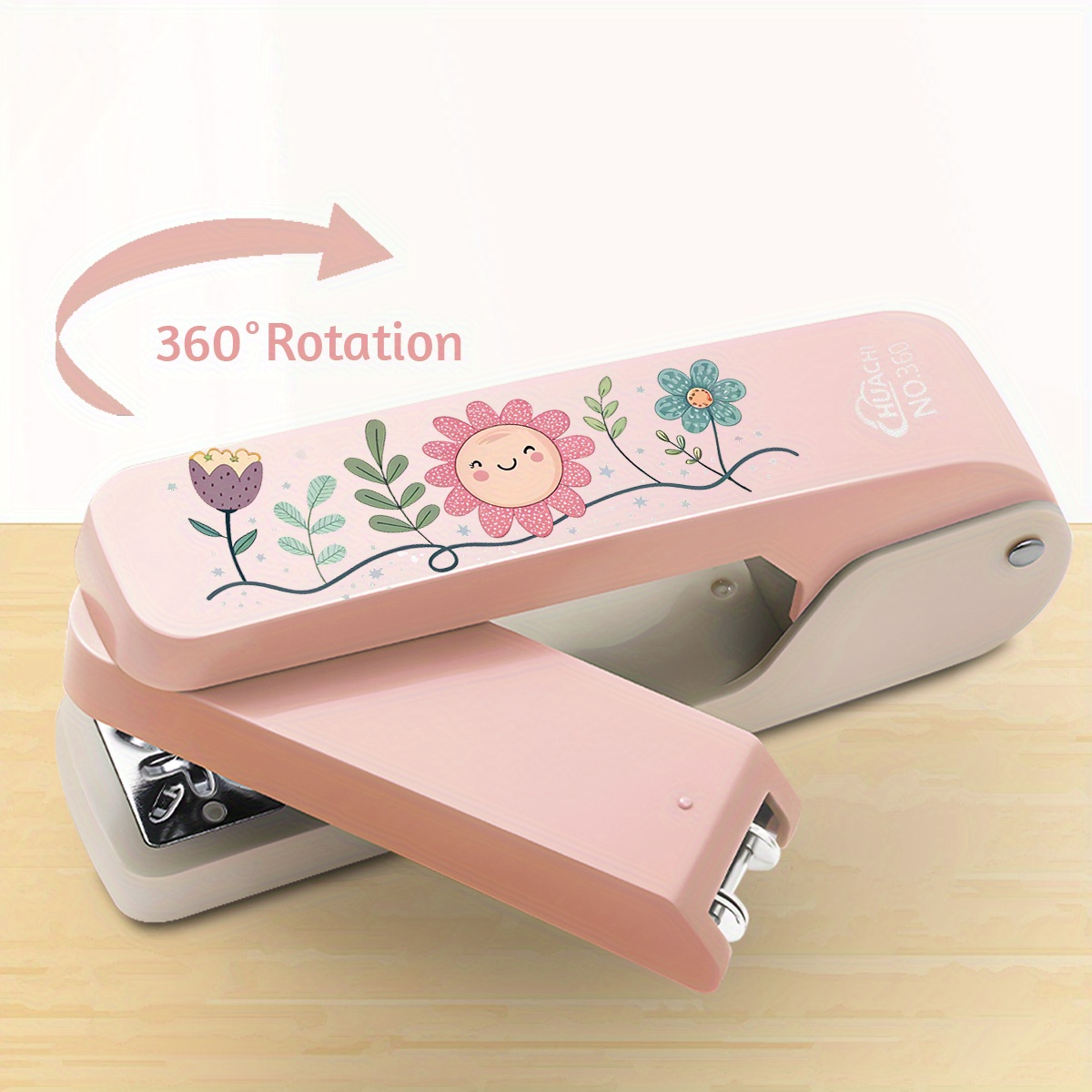 TEMU Ergonomic 360° Rotatable Stapler Teacher Gift Appealing Light Pink, Manual, Plastic Construction, Effortless Stapling For Students & Office,