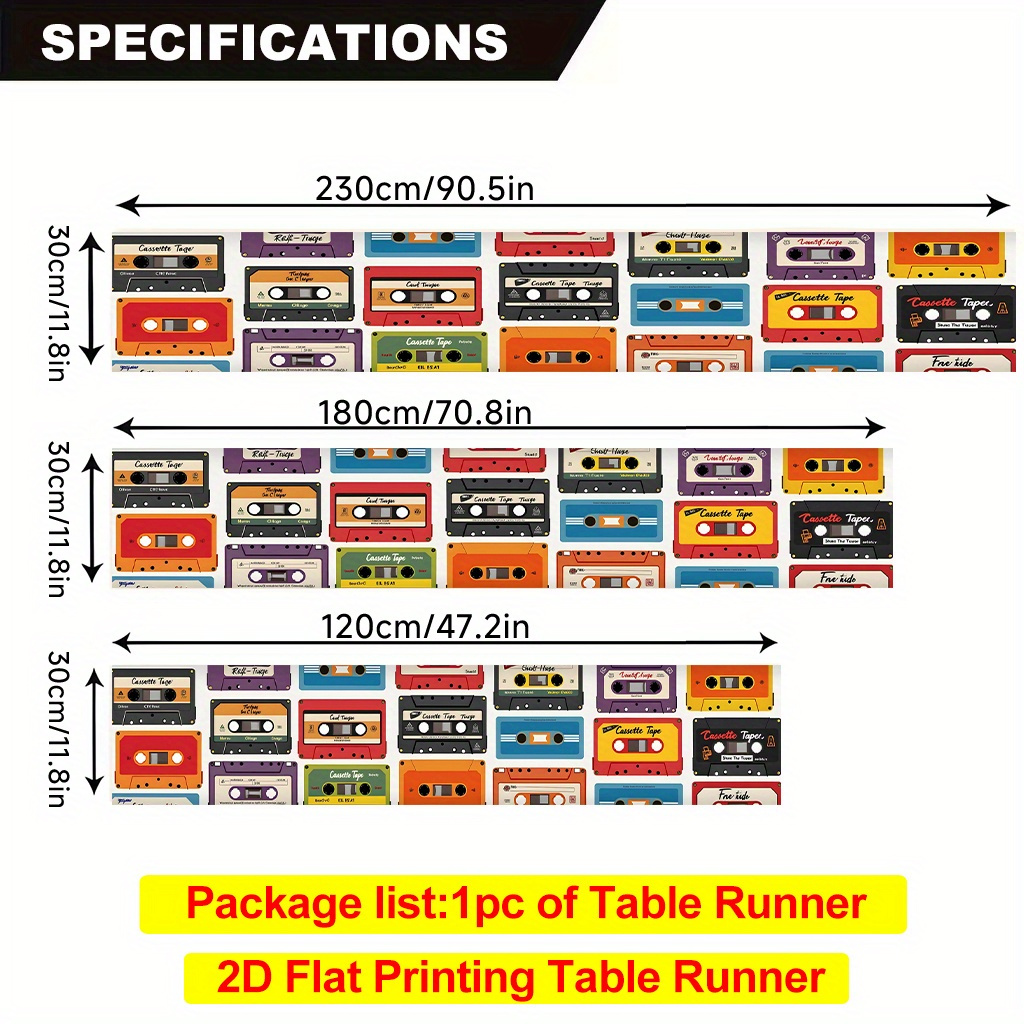 E-shop Tischläufer mit 2D-Flachdruck, ., Kassettenband-Muster, strapazierfähiger Polyester-Tischläufer, rechteckig, für Esstische, Küchen, Esszimmer,