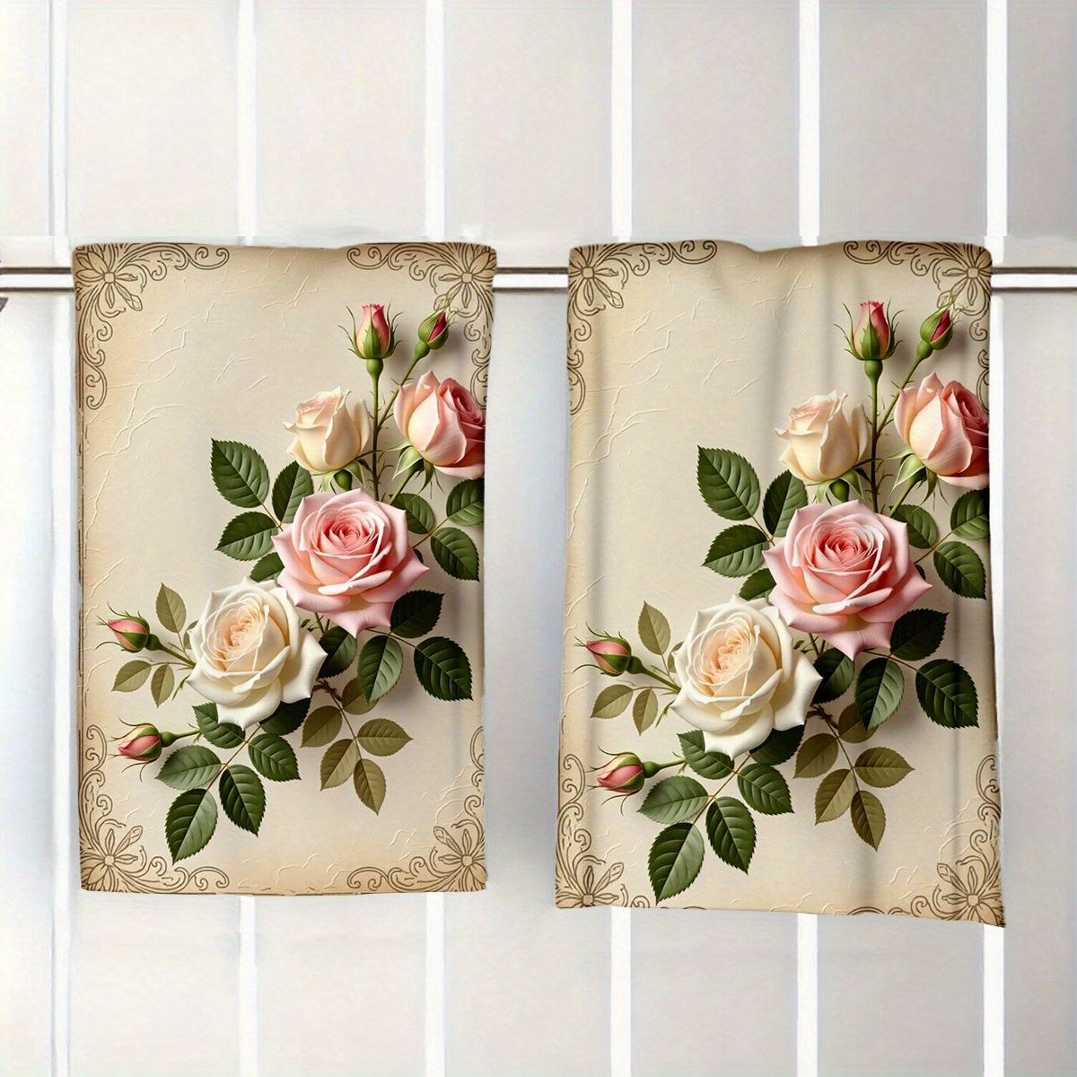 TEMU 2d Flat - 2pcs, Towel For Bathroom, Single-sided Print, Rectangular 15.75×23.62inch, Oil Painting-style Rose 2d Pattern, Soft, Comfortable,