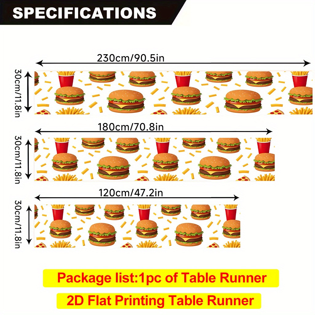 TEMU 2d Flat, 1pc, Durable Polyester Table Runner With Hamburger, , And Pizza Design, Rectangular, Suitable For Dining Tables, Kitchens, Restaurants,