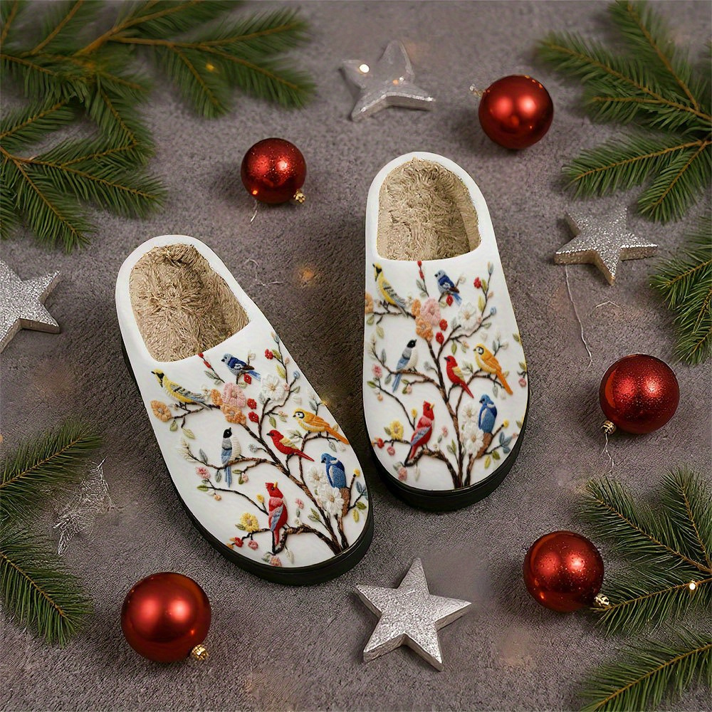 TEMU 1pair, Winter New Thick Plush Slippers - Unisex, Embroidered Birds On Tree, Indoor And Outdoor Home Slippers, Warm Plush Shoes, Holiday Gifts,
