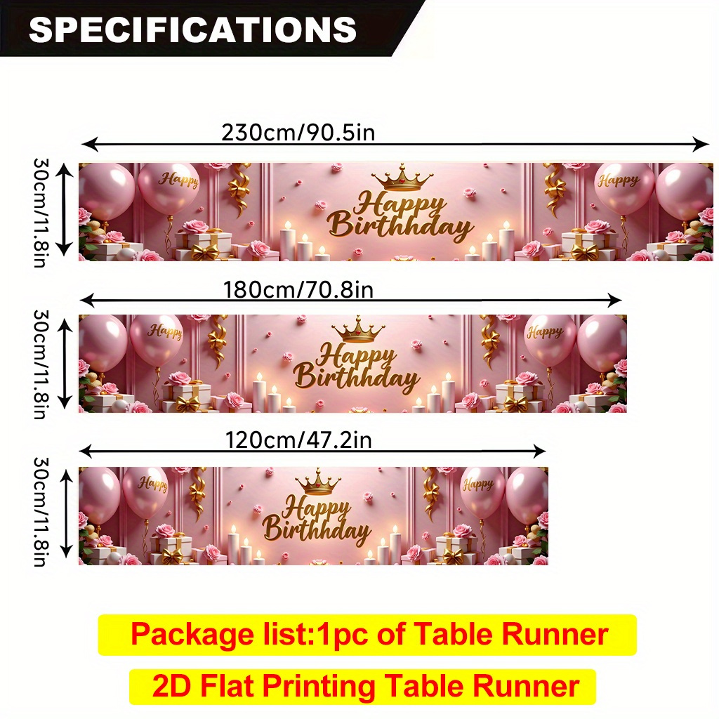 TEMU 2d Flat Printing Table Runner 1pc, Happy Birthday Celebration Durable Polyester Table Runner, Rectangular, For Dining Tables, Kitchens, Dining
