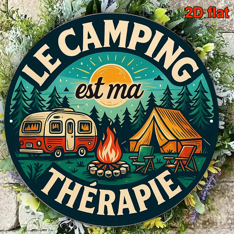 TEMU Plaque ronde plate 2D, 1 pièce, 20,32x20,32 cm, en aluminium français, plaque décorative vintage avec thème « Le camping, détente », décoration