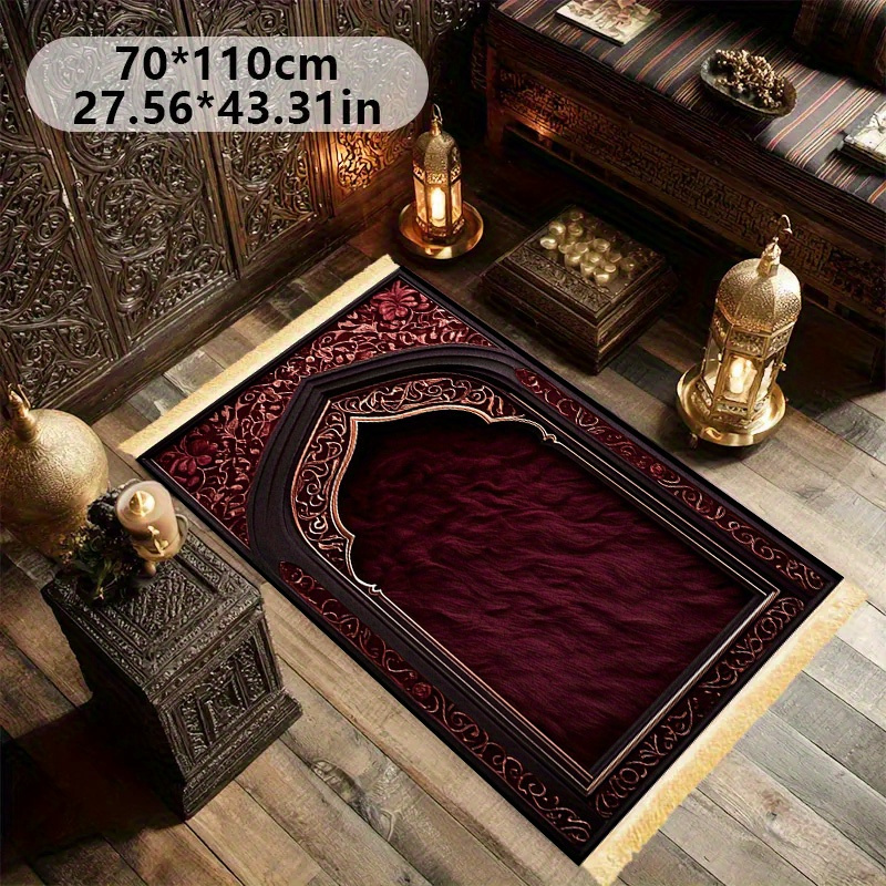 2d flat 1pc deluxe thickened prayer mat kneeling mat worship mat with tassels islamic arch pattern black and golden color scheme machine washable non slip soft comfortable durable foldable suitable for muslims mosques islamic Product details 2