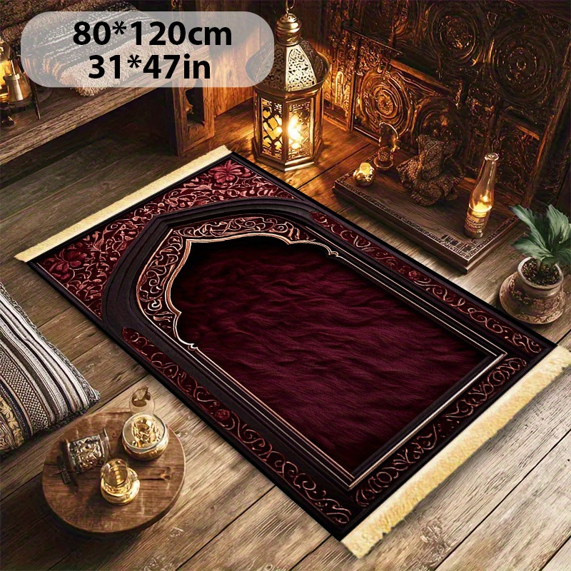 2d flat 1pc deluxe thickened prayer mat kneeling mat worship mat with tassels islamic arch pattern black and golden color scheme machine washable non slip soft comfortable durable foldable suitable for muslims mosques islamic Product details 5