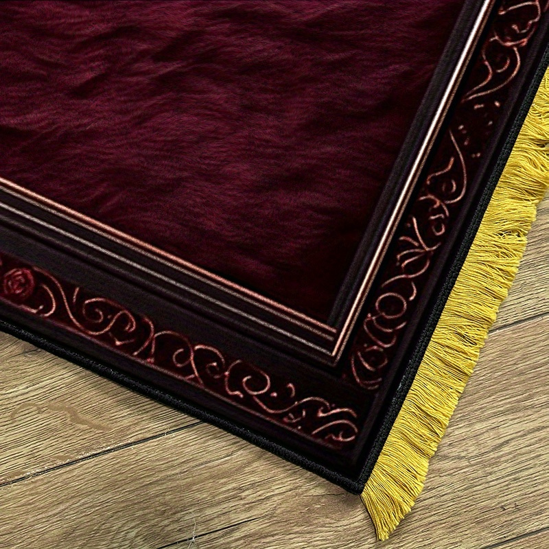 2d flat 1pc deluxe thickened prayer mat kneeling mat worship mat with tassels islamic arch pattern black and golden color scheme machine washable non slip soft comfortable durable foldable suitable for muslims mosques islamic Product details 8