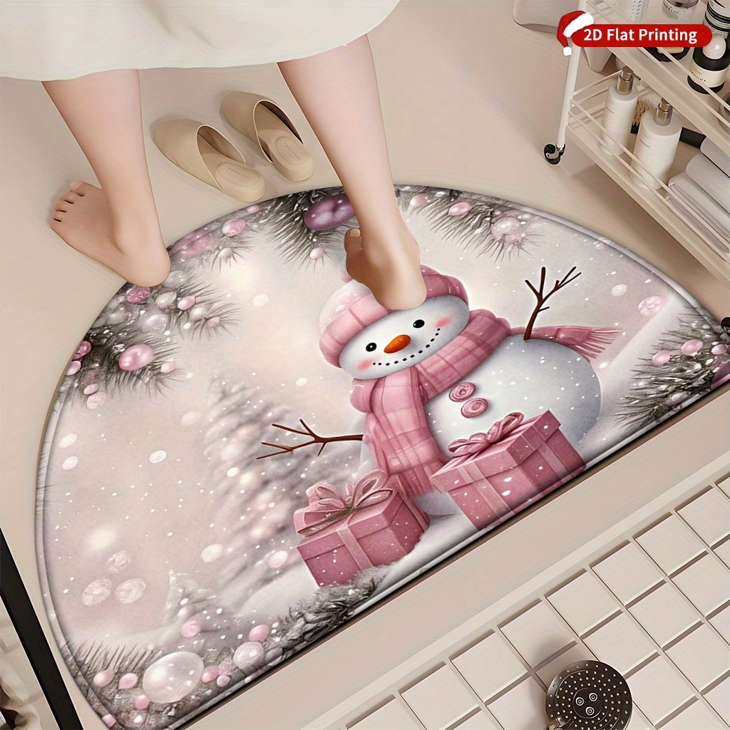 1pc 2d winter christmas warm pink snowman pattern printed doormat durable and easy to clean suitable for indoor and outdoor entrances courtyards bedrooms living rooms kitchens     christmas decorative gifts