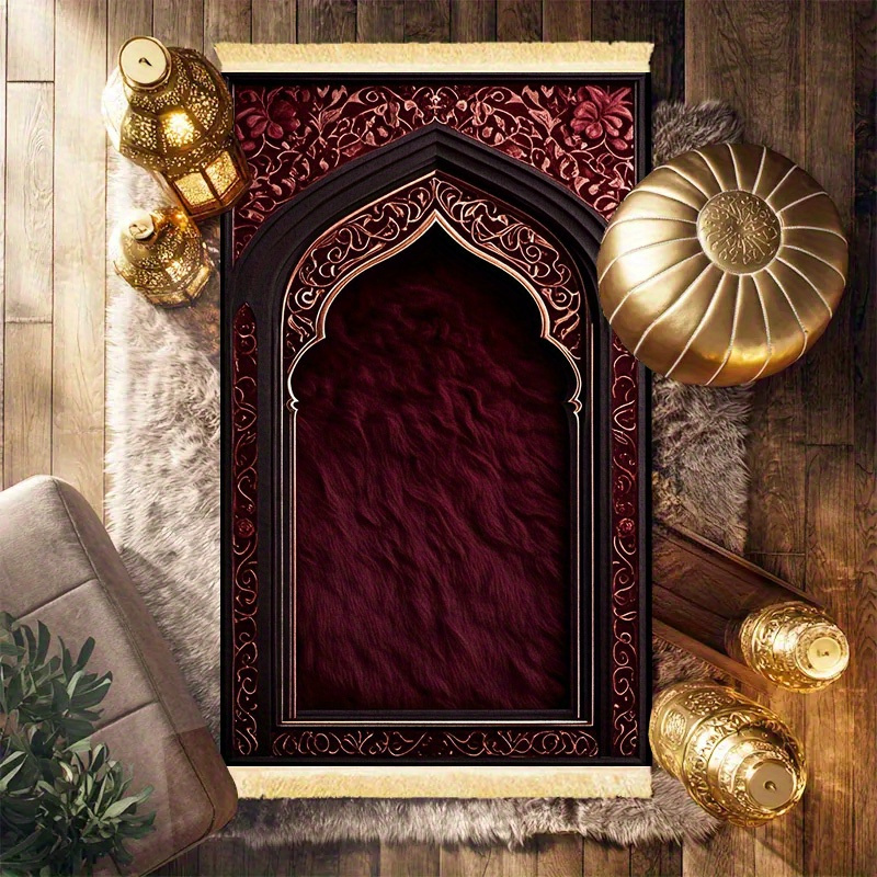 2d flat 1pc deluxe thickened prayer mat kneeling mat worship mat with tassels islamic arch pattern black and golden color scheme machine washable non slip soft comfortable durable foldable suitable for muslims mosques islamic Product details 3