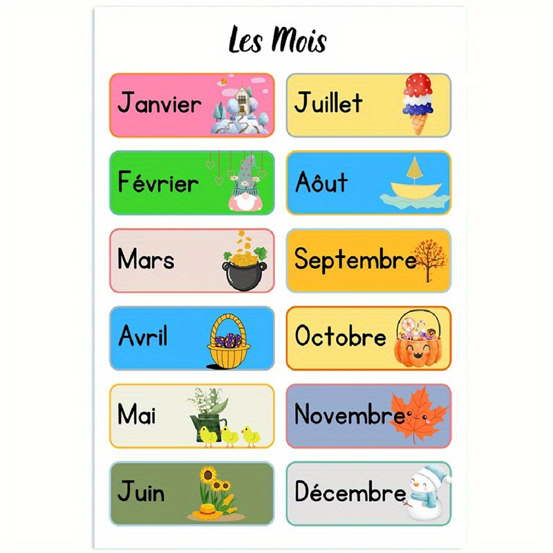 TEMU Affiches et plates 2D, Calendrier éducatif 2D plat décembre | Phrases en français et en anglais, colorées de mois et de saisons, Convient aux