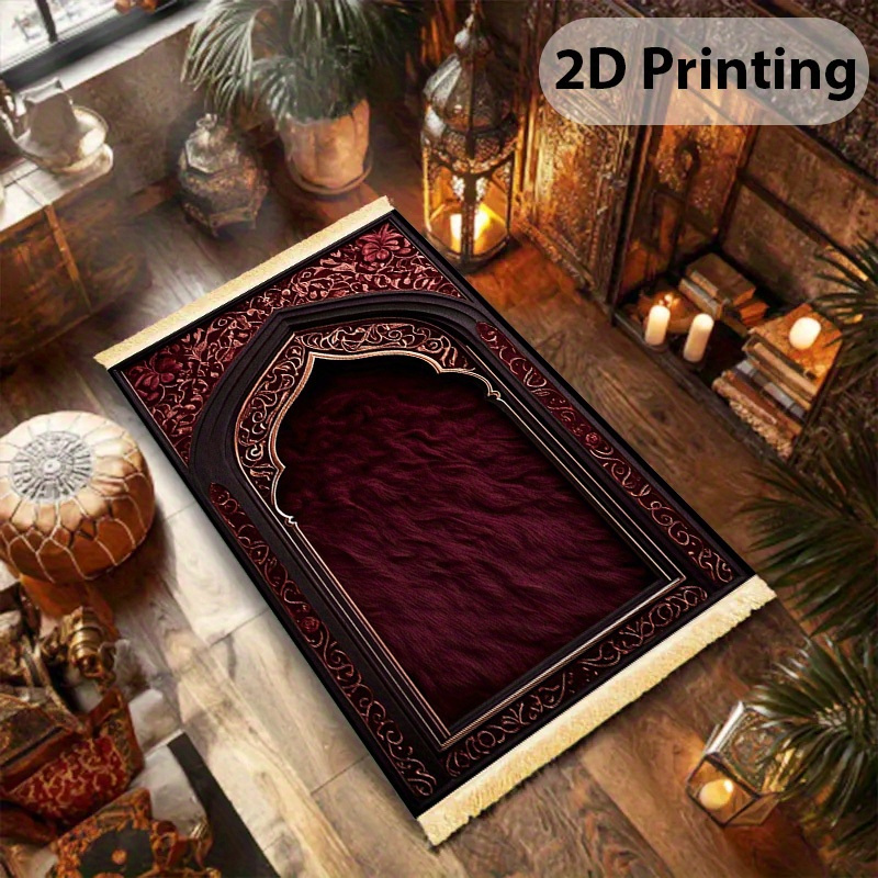 2d flat 1pc deluxe thickened prayer mat kneeling mat worship mat with tassels islamic arch pattern black and golden color scheme machine washable non slip soft comfortable durable foldable suitable for muslims mosques islamic Product details 0