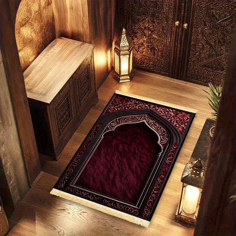 2d flat 1pc deluxe thickened prayer mat kneeling mat worship mat with tassels islamic arch pattern black and golden color scheme machine washable non slip soft comfortable durable foldable suitable for muslims mosques islamic Product details 4