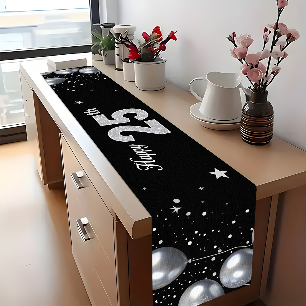 TEMU Tablecover 1pc, Happy 25th Birthday Banner With Silvery Balloons And Stars1, Holiday Decorative Tablecloth, Polyester Fiber, Rectangular Table