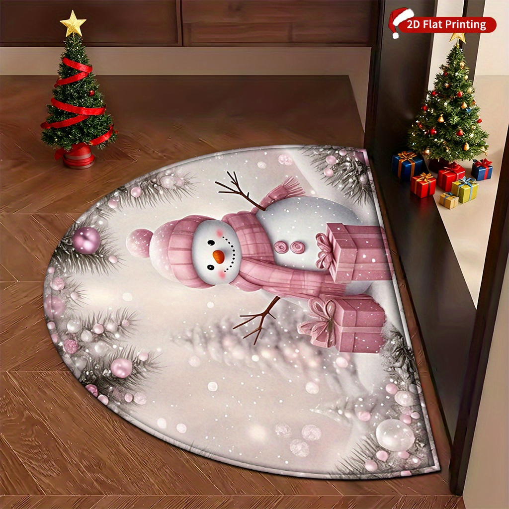 item picture 1pc 2d winter christmas warm pink snowman pattern printed doormat durable and easy to clean suitable for indoor and outdoor entrances courtyards bedrooms living rooms kitchens     christmas decorative gifts