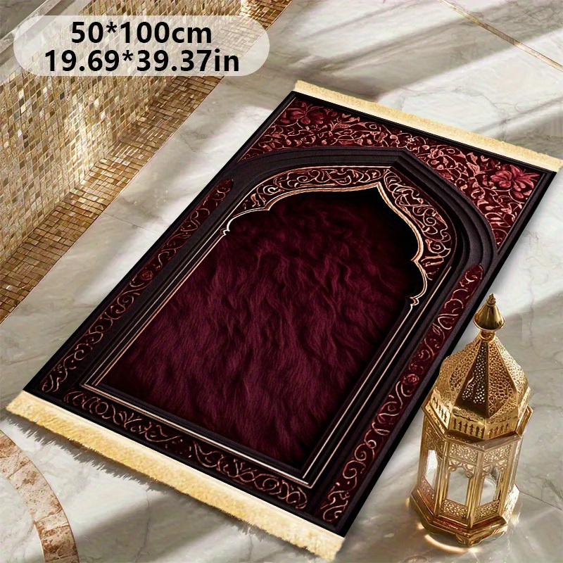 2d flat 1pc deluxe thickened prayer mat kneeling mat worship mat with tassels islamic arch pattern black and golden color scheme machine washable non slip soft comfortable durable foldable suitable for muslims mosques islamic Product details 1