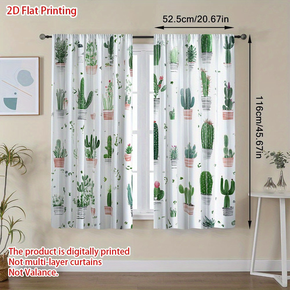 TEMU 2d Flat, 2d Flat Printing 2pcs Cactus Curtains, Fashionable Print Curtains With Rod Pocket Installation, Kitchen, Balcony, Dining Room, Bedroom,