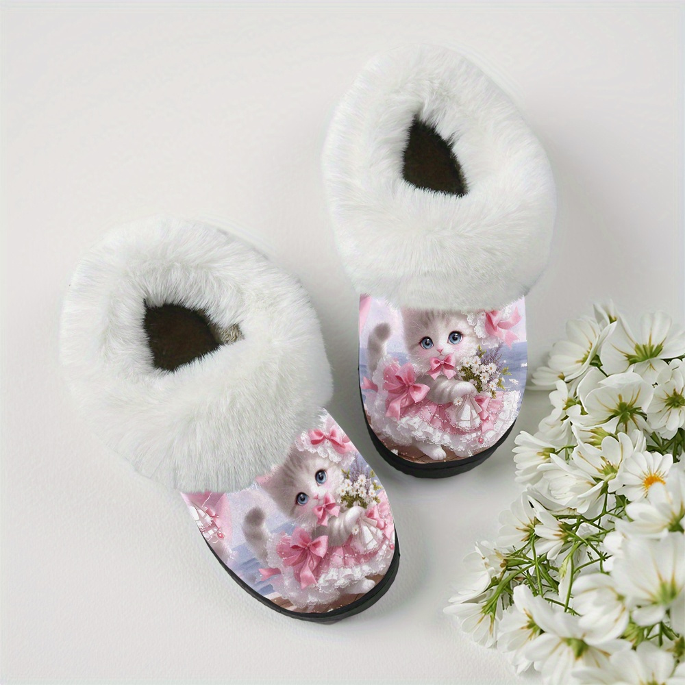 TEMU Slippers 1pair, Kitten-themed Cute Slippers With Bows Unisex Slippers, Cozy Slip-on Slippers, Velvet Warm Slippers, Home Warm Slippers, Holiday