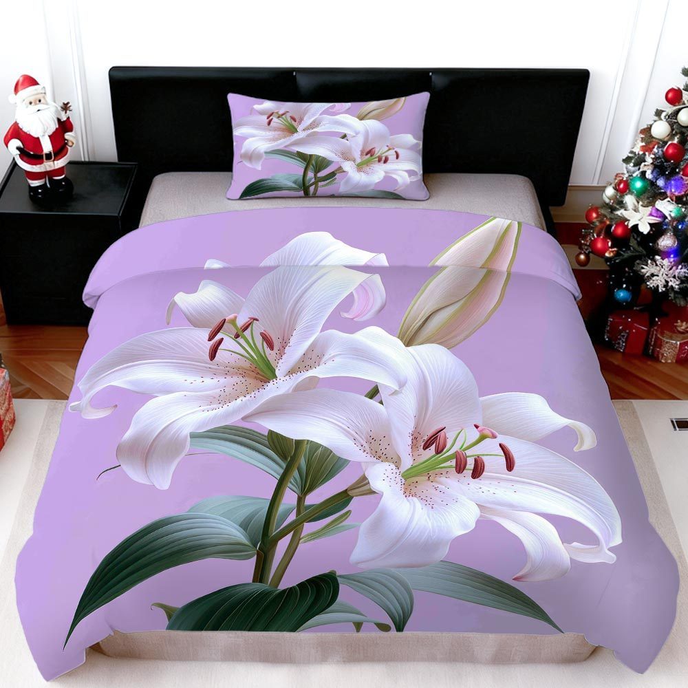 E-shop MOKALALA 2/3-teiliges Lila-Weißes Blumen-Bettwäsche-Set Lilien-Decke Set Elegantes Bettdecken-Set 1 Bettbezug + 1/2 Kissenbezüge Frohe