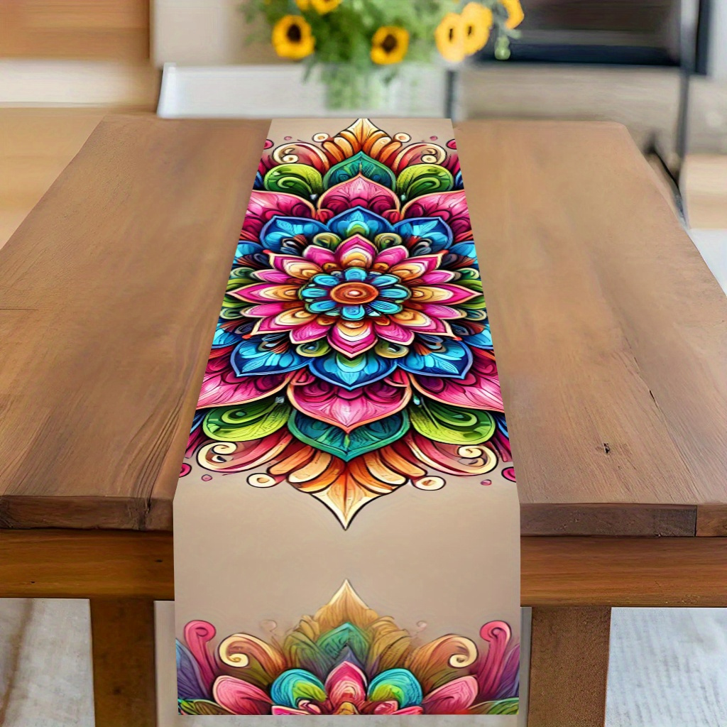 item picture 2d flat 1pc colorful mandala art printed table runner decorative polyester rectangular tablecloth for indoor outdoor use   kitchen banquet party favors restaurant coffee table 2d flat
