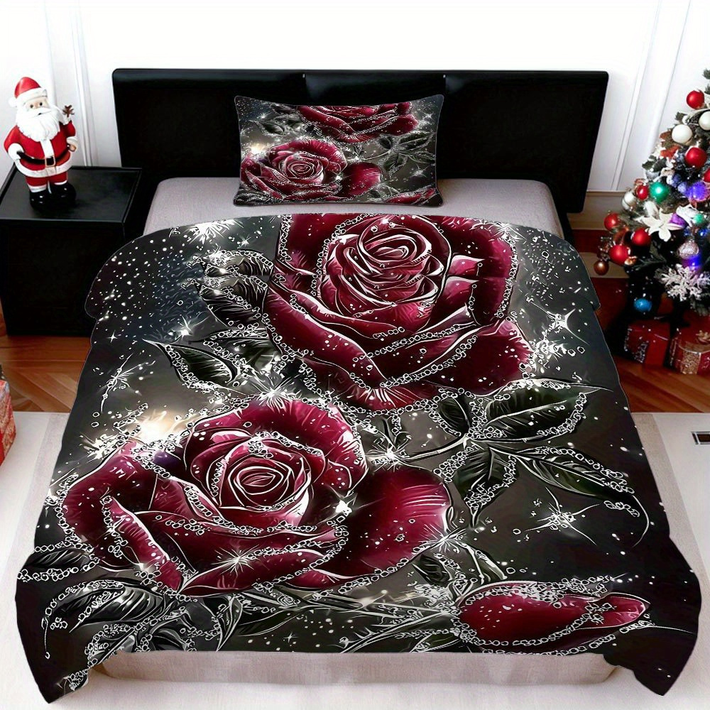 E-shop MOKALALA 2/3-teiliges Glänzendes Burgunderrosen Bettwäsche-Set Rosen-Decke Set Elegantes Bettdecken-Set 1 Bettbezug + 1/2 Kissenbezüge Frohe