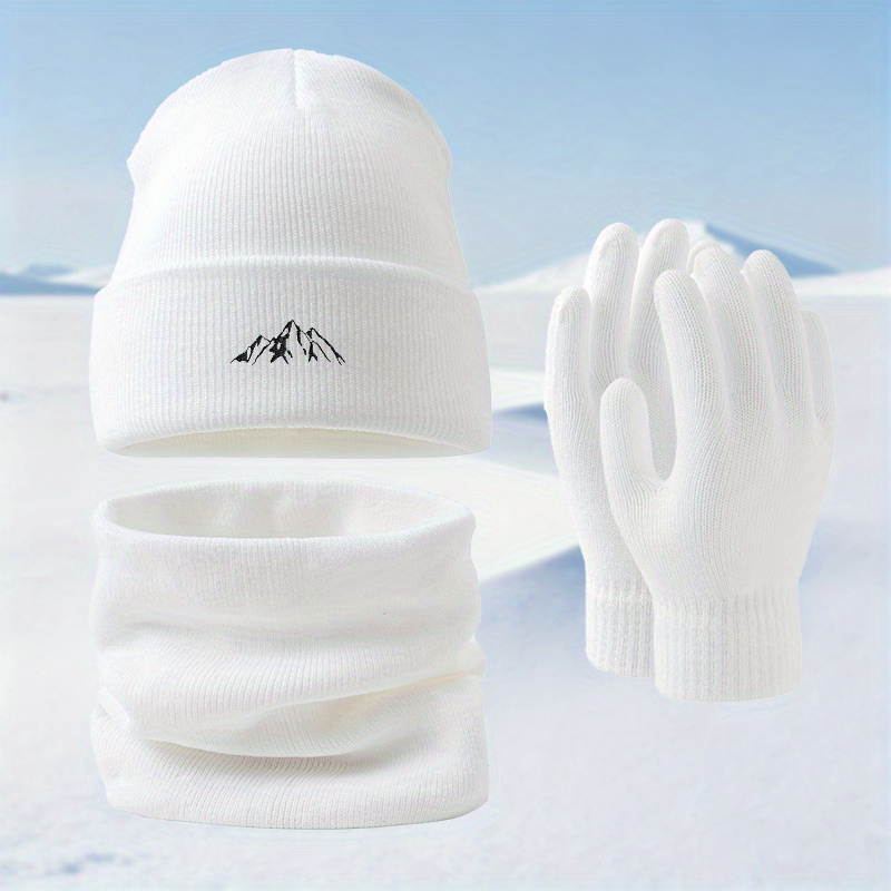 TEMU A Stylish Set Of Winter Hat, Scarf, And Gloves Featuring Mountain Embroidery, This Affordable And Warm Ensemble Includes A Beanie, Neck Warmer,