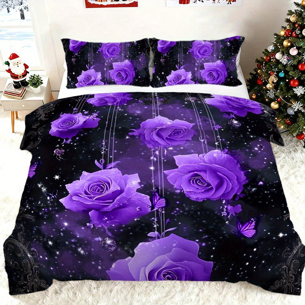 TEMU Mokalala 2/3pcs Purple Duvet Cover Set Rose Blanket Set Elegant Comforter Bedding Set 1 Duvet Cover   1/2 Pillowcases Merry Christmas 2d Flat