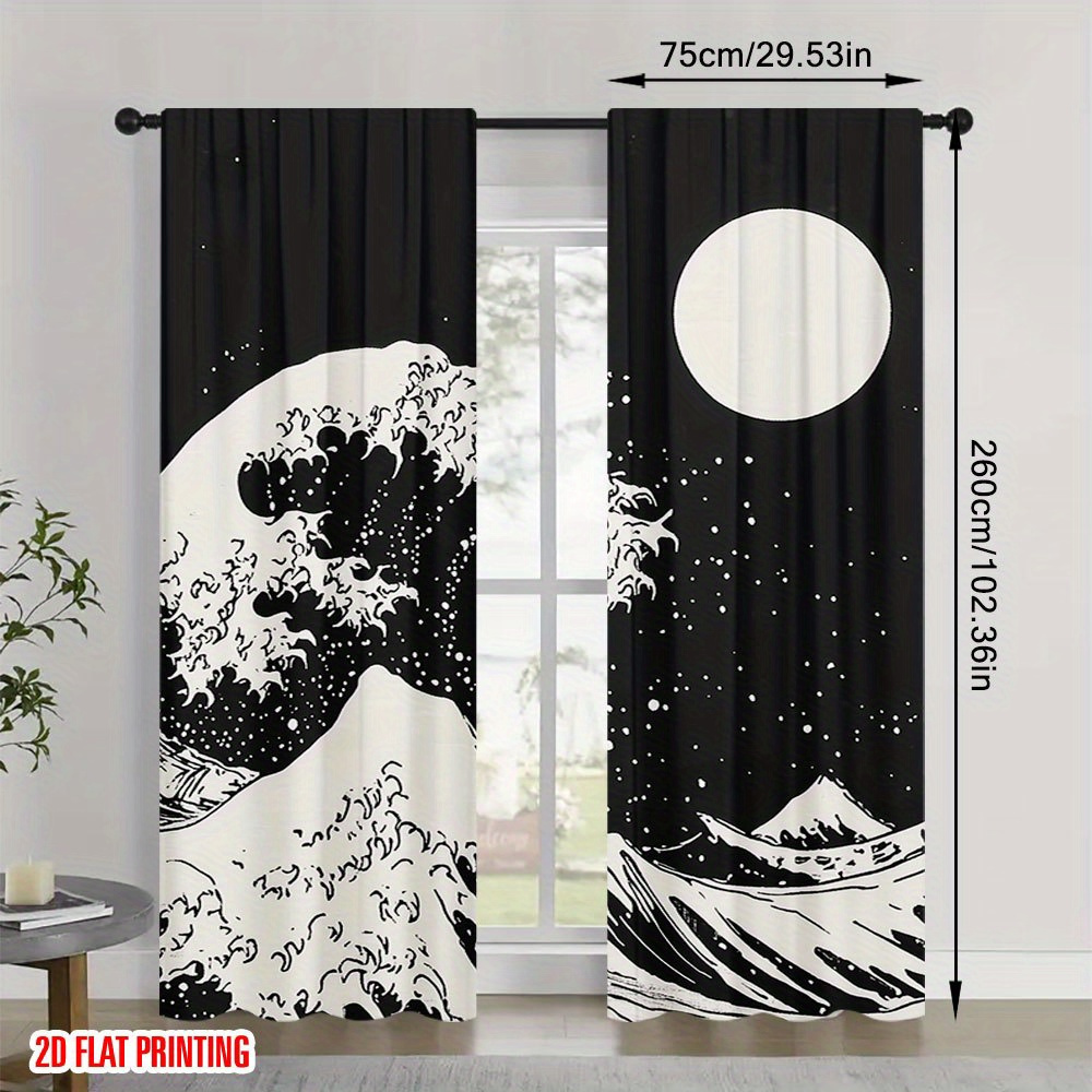 TEMU 2d Flat - 2d Flat - Two-dimensional Flat Print Curtains Featuring A Cozy Wavescape Design, Sold In Pairs. Come With A Rod Pocket For And Are