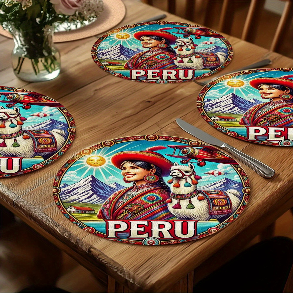 TEMU 4pcs Travel-themed Dining Placemats - Vibrant & Design, 38.1x38.1 Cm Polyester Round Table Mats For Parties, Restaurants, Cafe Owners, Durable