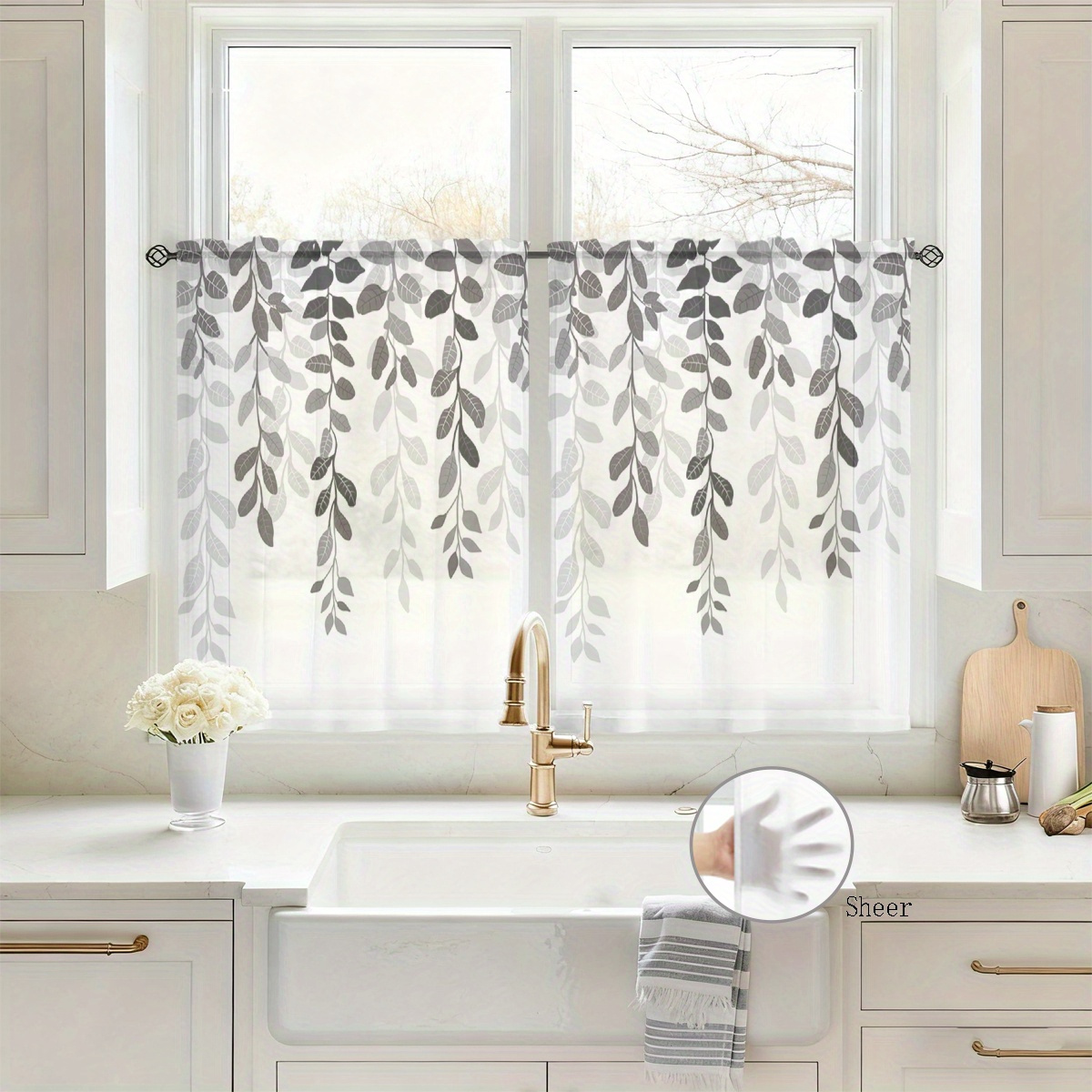 Image of 2pcs Modern Minimalist Black And Gray Branch Leaf Pattern Sheer Short Curtains, Bedroom Decorative Curtains, Semi-transparent Drapes, Suitable For Dining Room, Living Room, Home Decor