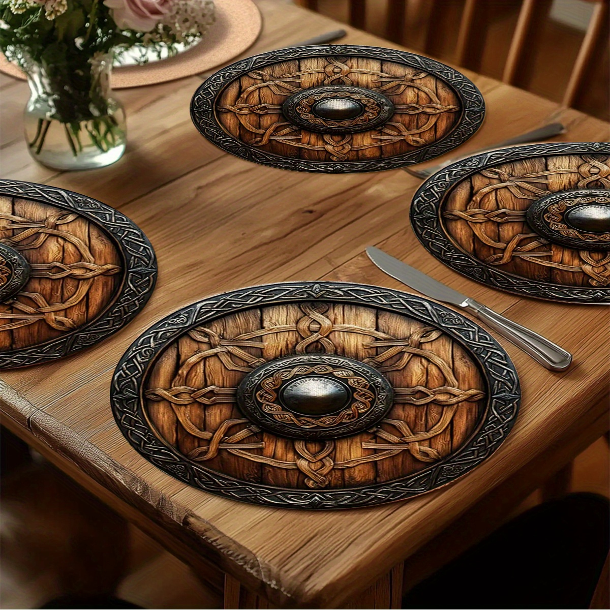 TEMU 4pcs Viking Viking Shield Placemats - Celtic Knotwork & Norse Table S, Round Viking Table Decor For Nordic Themed Parties, Men's Feasts,