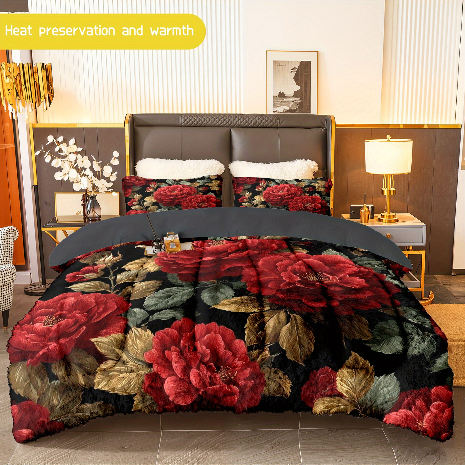 TEMU 3pcs (1 Comforter And 2 Pillowcases) Floral Flannel And Milk Velvet Comforter Set, Soft Warm Bedding For Adults, Cozy Milk Velvet Quilt Set,