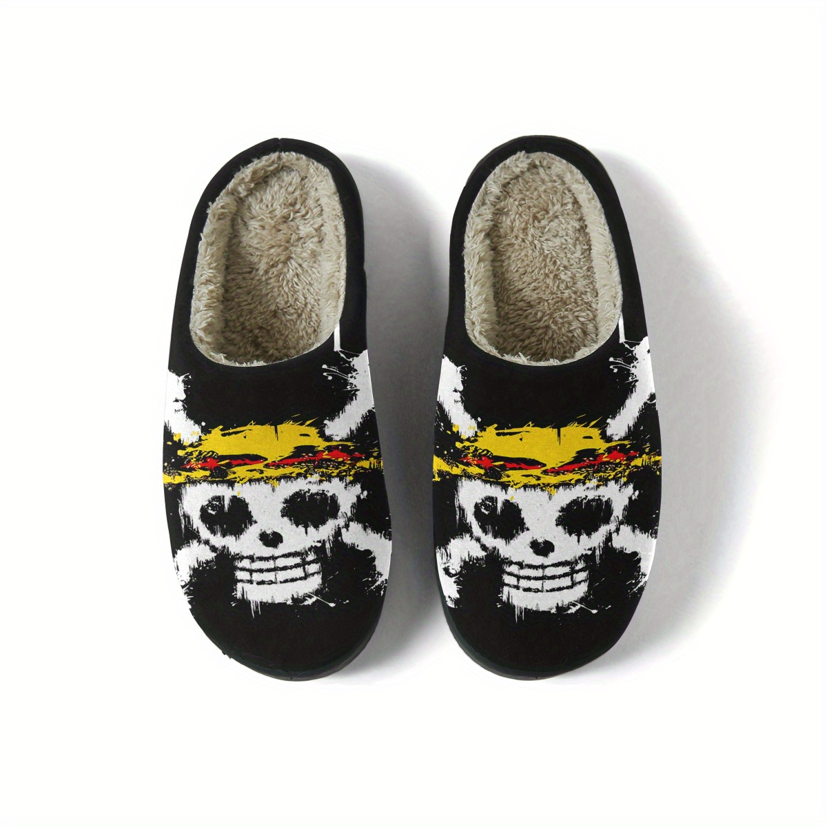 E-shop Neue Herbst/Winter Hausschuhe im Tintenspritzer-Stil mit Totenkopf gekreuzten Knochen, rutschfeste, verdickte Plüsch-Hausschuhe, warm bequem für