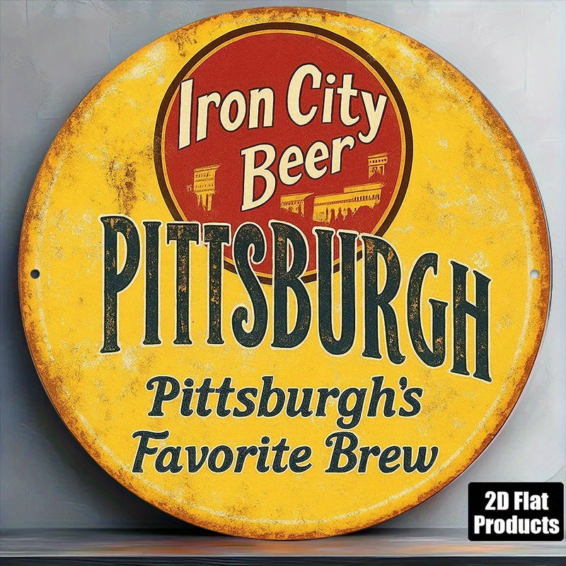 TEMU 2d Flat, Decorative Signs & Plaques 1pc Vintage Pittsburgh's Beer Sign - 8-inch Round City Beer Logo Wall Art, Rustic Aluminum Plaque For Bars,