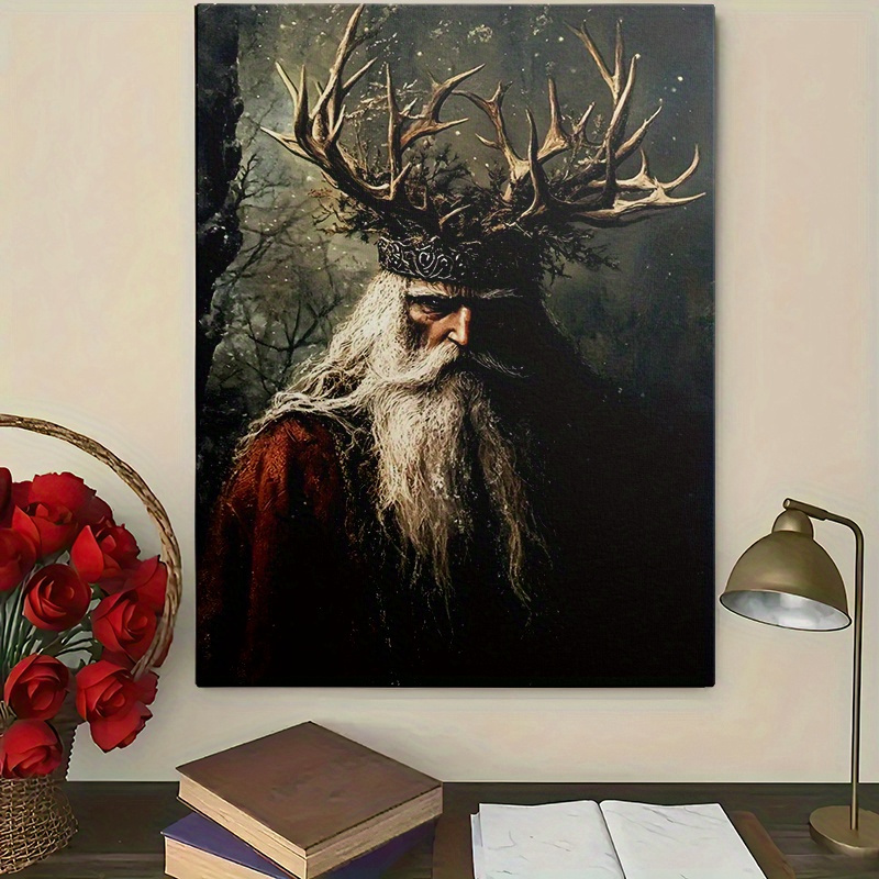 TEMU [2d Flat] A Winter Holly King Wall Art Print Featuring A Dark Santa With Antlers And A Holly Crown, Yule Christmas Poster, Perfect For Rustic