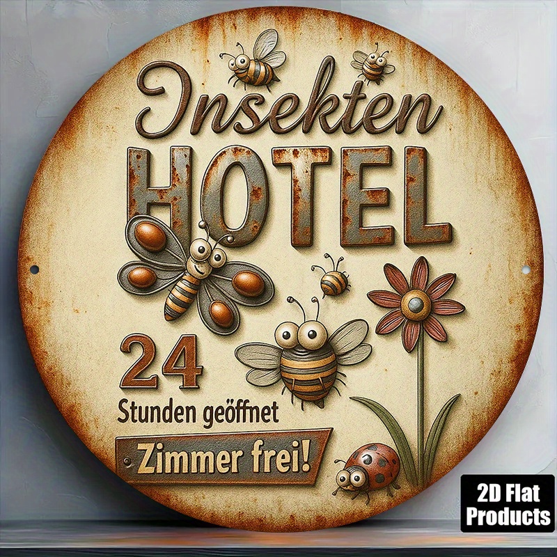 E-shop 2D Flat - Ein 2D Flat, 20,32*20,32 cm rundes deutsches Aluminiumschild mit einer Vintage-Dekorplatte über "Insektenhotels", geeignet zur