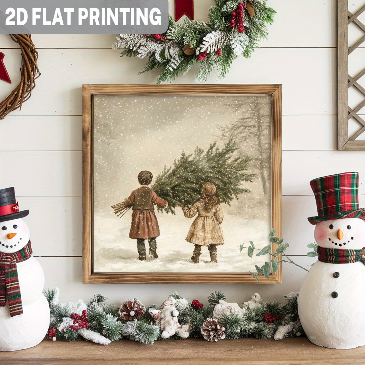 Image of 2d Flat - 8x8 Inch Wooden Framed Sign Depicting Winter Scene With 2 Children Carrying A Christmas Tree, Perfect For Holiday Decorations In Your Living Room Or Kitchen