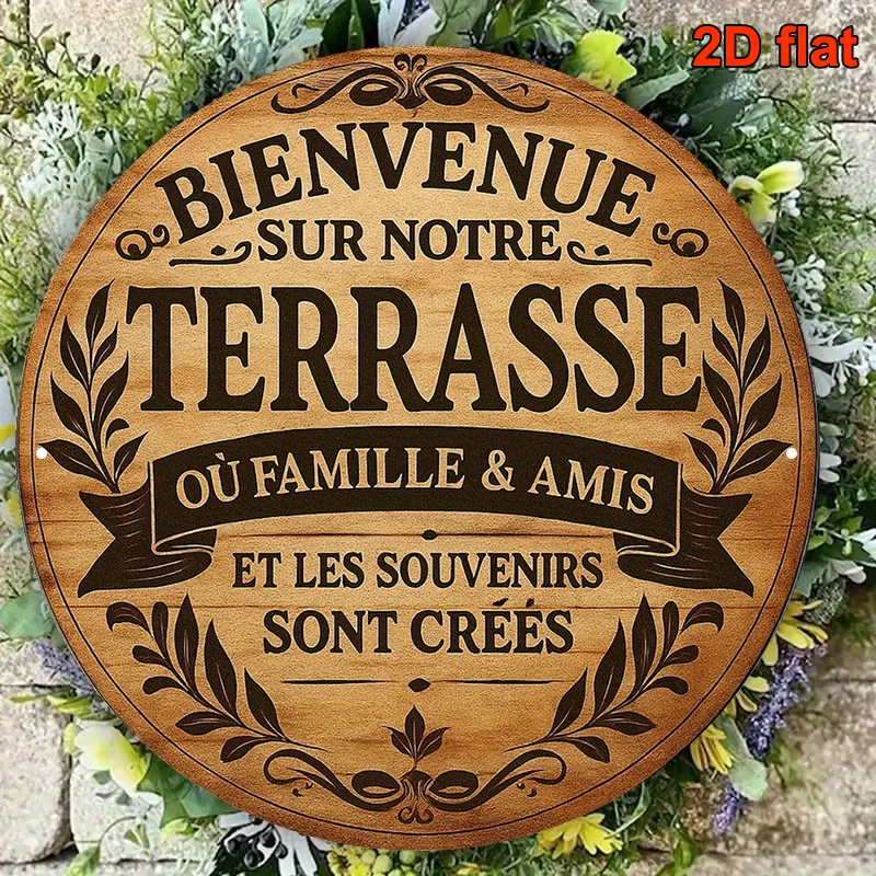 TEMU Un panneau décoratif vintage de 20,32 x 20,32 cm, comprenant une plaque ronde en aluminium en français indiquant " sur notre terrasse", parfait