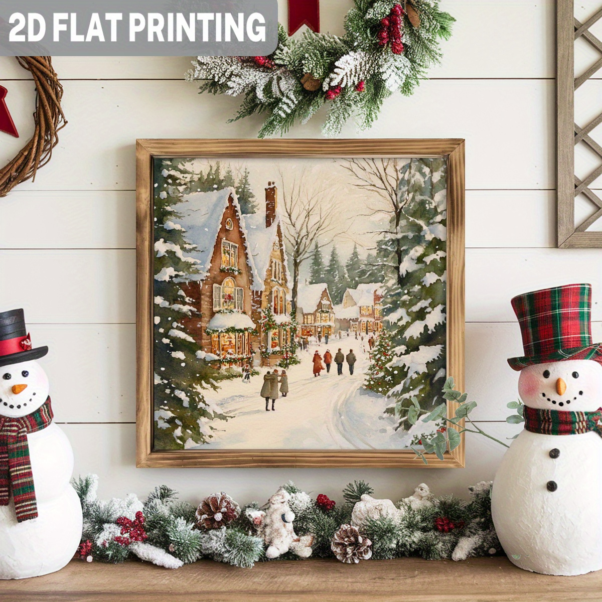 TEMU 2d Flat, 1pc Rustic Wood Framed Christmas Village Wall Art - 8x8 Inch Snow-covered Houses & Winter Wonderland Sign With European-style Rooftops,