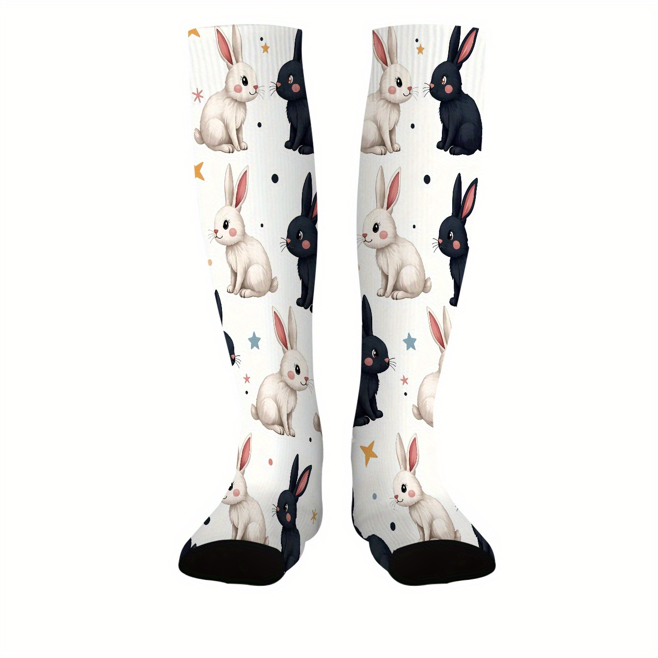 TEMU 1 Pair Black And White Rabbit Pattern Printed Socks, Premium Calf-length Socks, Autumn/winter New Long Socks, For Running, Fitness, Cycling,