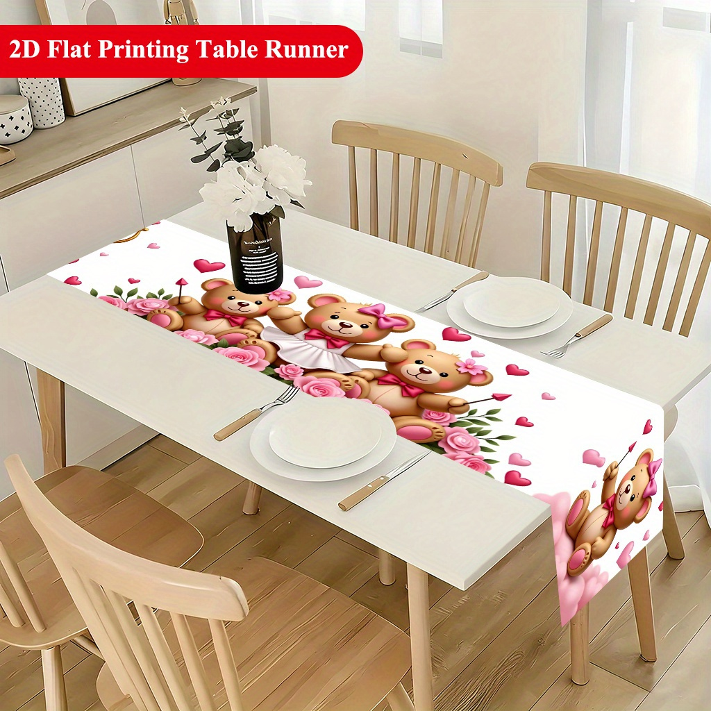 TEMU Chemin de table plat 2D 1pc, Chemin de table rectangulaire avec cœur rose en peluche, Matériau en polyester, Convient pour table à manger, table