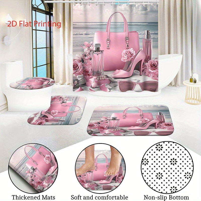 Valentine's Day Bath Shower Curtain Set with Hooks & Mats