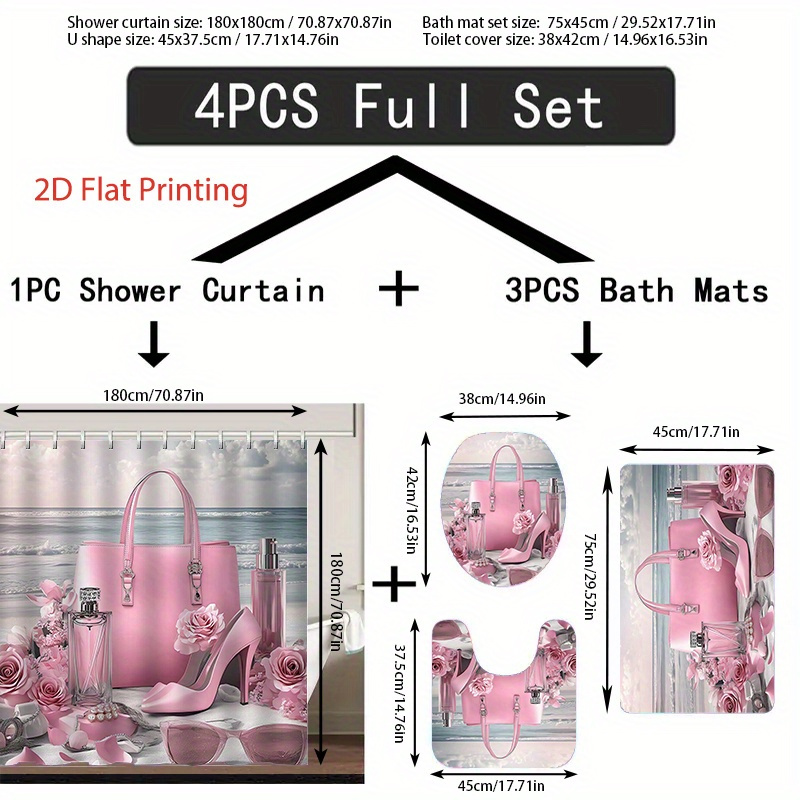 Valentine's Day Bath Shower Curtain Set with Hooks & Mats