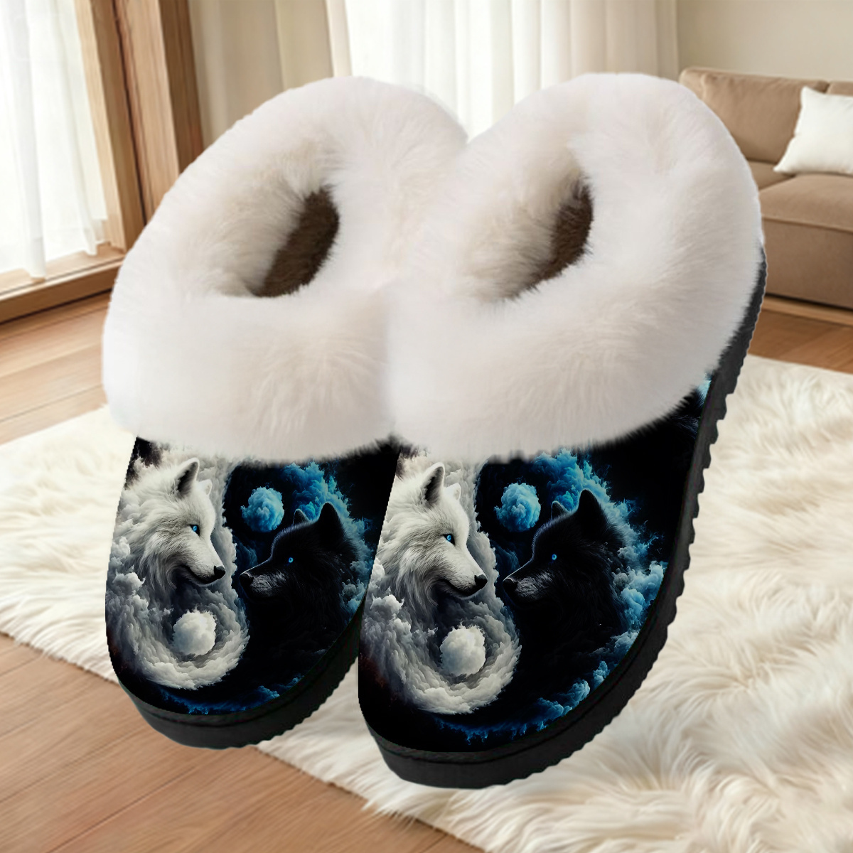TEMU Slippers 1pair, Yin - Yang Wolf Design Slippers Unisex Slippers, Cozy Slip-on Slippers, Velvet Warm Slippers, Home Warm Slippers, Holiday Gifts,