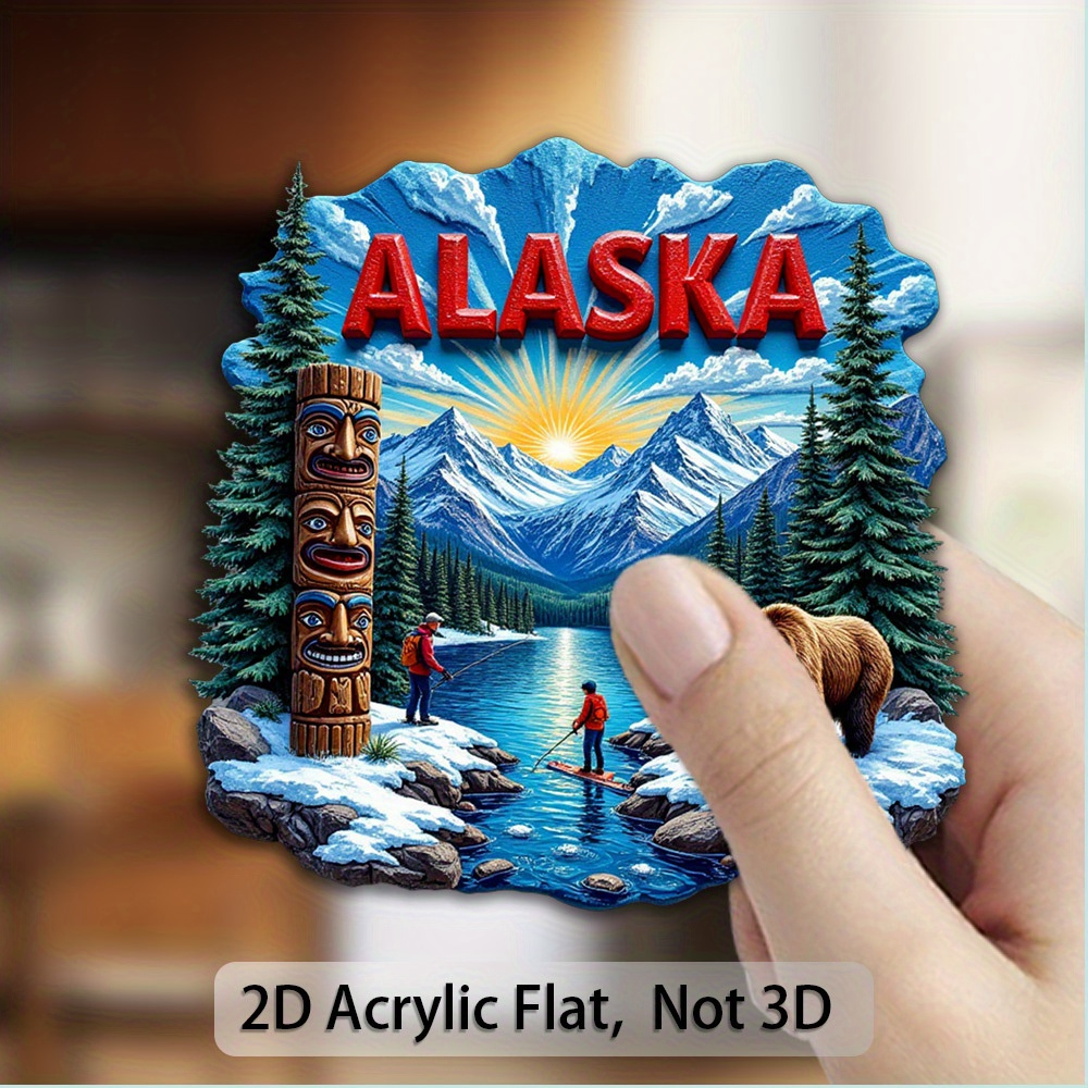 TEMU 1pc Alaska-themed Magnetic Fridge Magnet - Heavy-duty Acrylic Alaska State Map & Wildlife Design With , Moose, Salmon & Northern - Strong