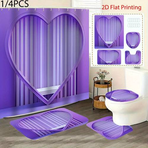 1pc/4pcs saint-valentin décoration intérieure ensemble de rideaux de et de bain incluant 12 crochets, couvre- et antidérapant en tissu polyester lavable pour lamélioration de bain