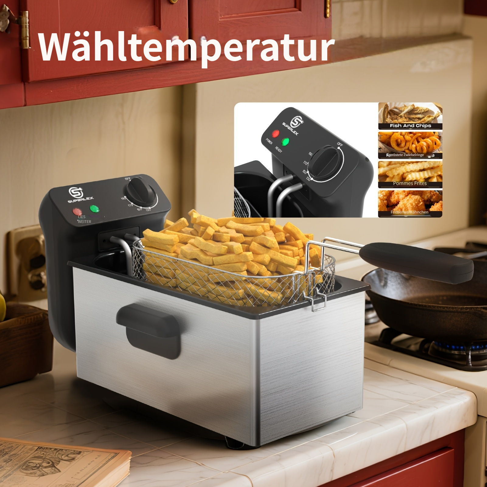 E-shop SUPERLEX 3L Fritteuse, leicht zu reinigen, Drehregler mit Temperaturanzeige, Familiengröße, schnell aufheizend