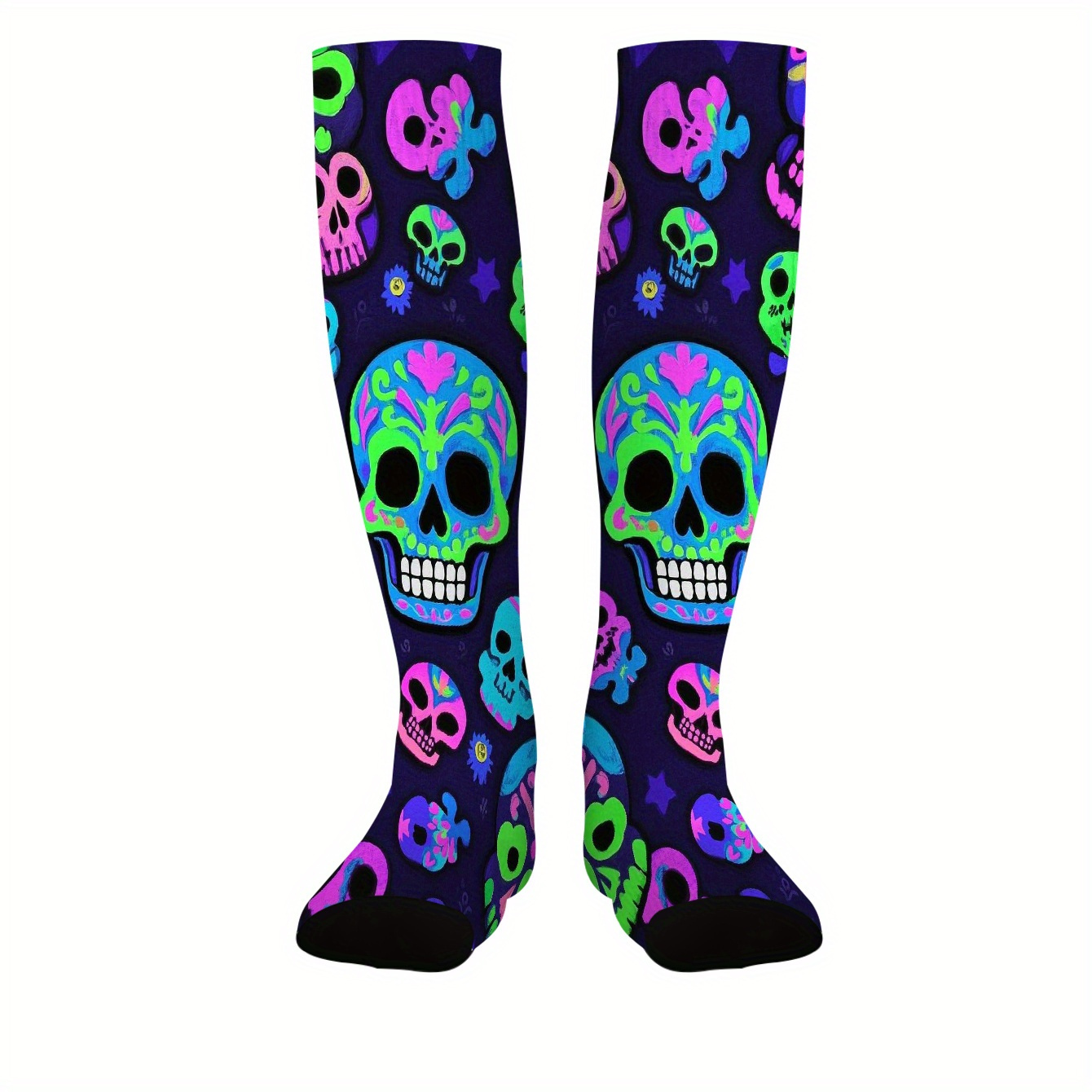 TEMU 1 Pair Of Novelty Colorful Skull-pattern Printed Compression Socks, High-quality Compression Stockings, New Autumn/winter Long-tube Socks, Ideal