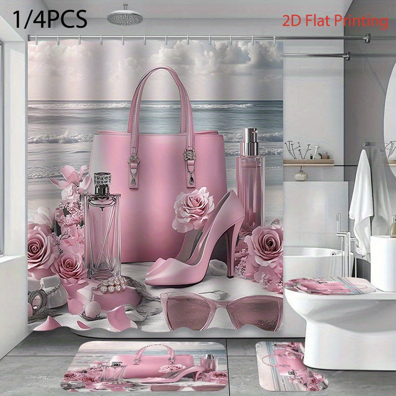 Valentine's Day Bath Shower Curtain Set with Hooks & Mats