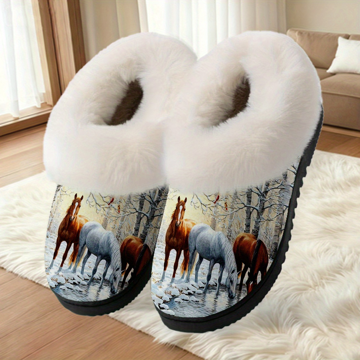 TEMU 1 Paire de Pantoufles Thème Cheval - Chaleur Hivernale avec Motif Cheval & Équitation, Peluche Douce & Semelle TPR - Chaussons Unisexe à Enfiler